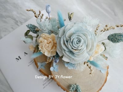 雙層木片乾燥花名片座【藍茶】3