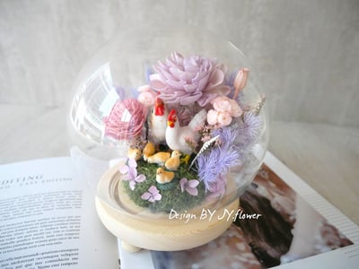 乾燥花水晶球玻璃罩帶路雞夜燈【霧紫粉晶】1