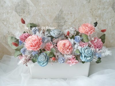 大型長盆乾燥花盆花【寧靜粉藍】1