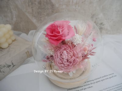 乾燥永生玫瑰水晶球玻璃罩夜燈【桃粉甜心】1