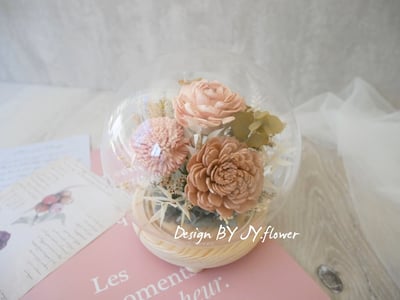 乾燥花水晶球玻璃罩夜燈【裸棕膚粉】1