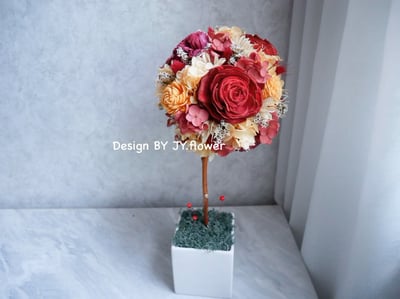 乾燥永生繡球花球樹盆花【橘橙暗紅】1