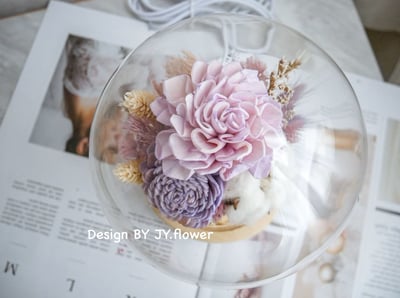 乾燥花水晶球玻璃罩夜燈【藕紫幻白】3