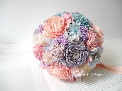圓形乾燥花捧花【霧粉藍紫】1