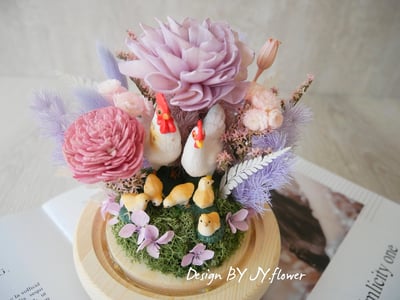 乾燥花水晶球玻璃罩帶路雞夜燈【霧紫粉晶】3