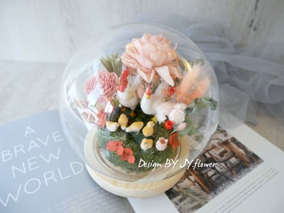 乾燥花水晶球玻璃罩帶路雞夜燈【金雞納福】1