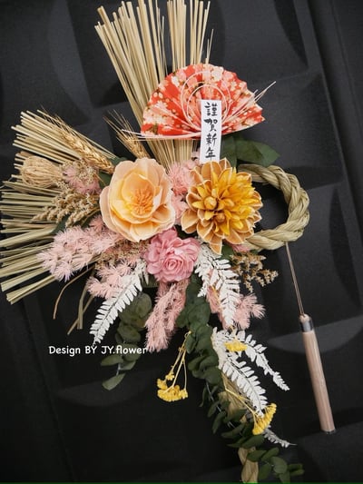 大型祈福注連繩-長型款【柔粉明黃】福臨圈/新年掛飾2