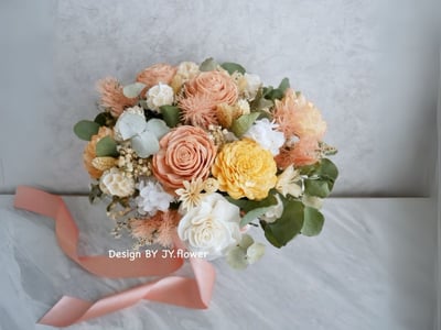 自然型手綁乾燥花分束捧花【橘粉蜜柑】1