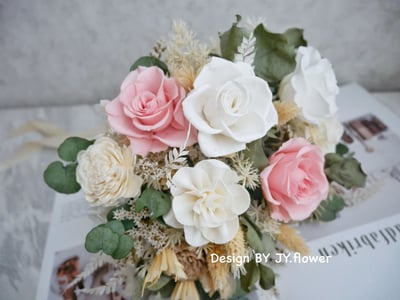 自然型手綁不凋花分束捧花【藕粉奶白】2