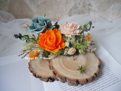 雙層木片永生玫瑰名片座【橙綠】3