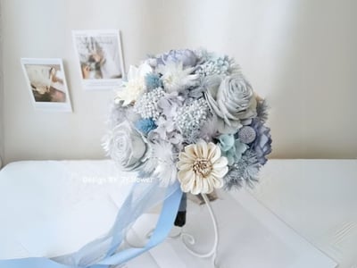 圓形乾燥花捧花【寒冰灰藍】1