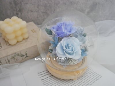 永生玫瑰水晶球玻璃罩夜燈【寒冰灰藍】1