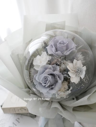波波球大款豐盛版永生玫瑰花束【煙白霧灰】2