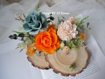 雙層木片永生玫瑰名片座【橙綠】2