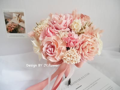 圓形乾燥花捧花【純白粉戀】2