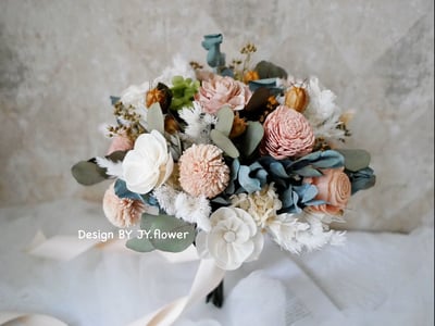 自然型手綁乾燥花分束捧花【可可膚粉】1