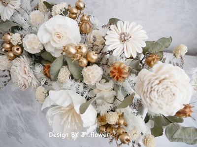 大型長盆乾燥花盆花【純白流金】3