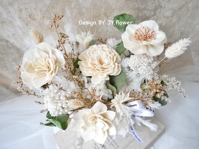 中大型圓盆乾燥花盆花【純白流金】2