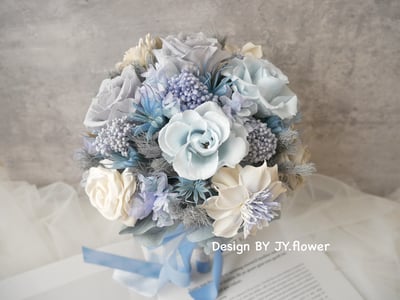 圓形不凋花捧花【寒冰灰藍】1