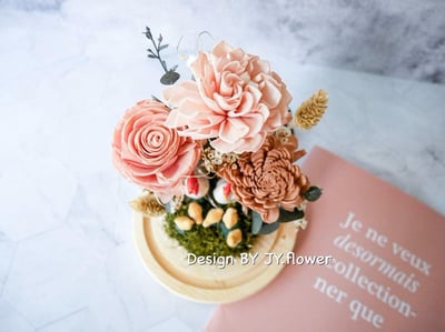 乾燥花長型玻璃罩帶路雞夜燈【流沙霧粉】5