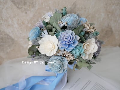 自然型手綁乾燥花分束捧花【清爽水藍】1