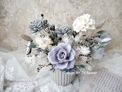 中大型圓盆永生乾燥盆花【霧感冷灰】3