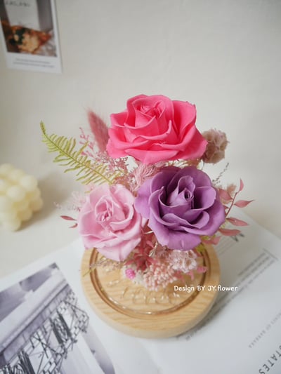 永生玫瑰長型玻璃罩夜燈【桃粉霧紫】3