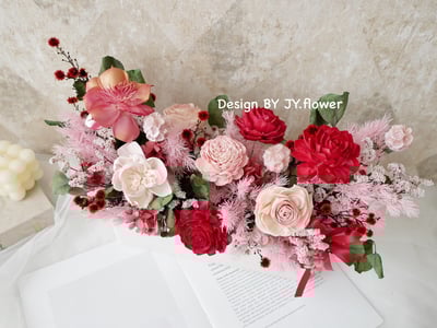 大型長盆乾燥花盆花【緋紅粉黛】2