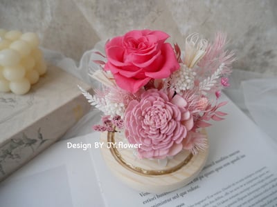 乾燥永生玫瑰水晶球玻璃罩夜燈【桃粉甜心】3