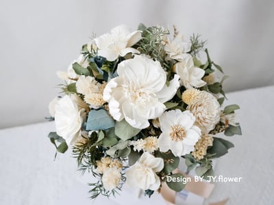 自然型手綁乾燥花分束捧花【純粹白系】3