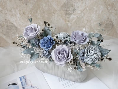 中大型長盆直紋永生乾燥盆花【沉靜灰藍】3