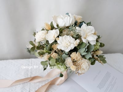 自然型手綁乾燥花分束捧花【純粹白系】1