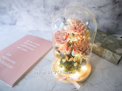 乾燥花長型玻璃罩帶路雞夜燈【流沙霧粉】4