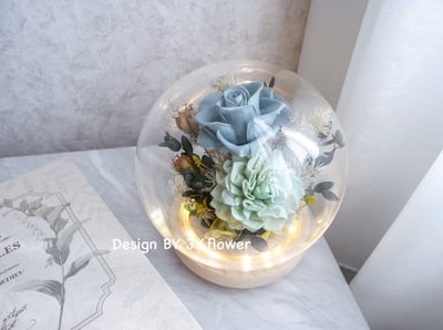 乾燥永生玫瑰水晶球玻璃罩夜燈【薄荷森綠】1