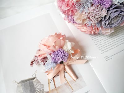 圓形乾燥花捧花【霧粉藍紫】3