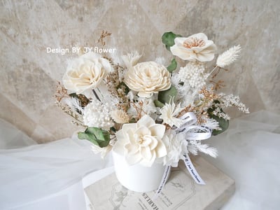 中大型圓盆乾燥花盆花【純白流金】1