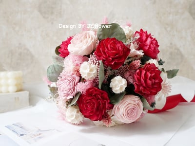 自然型手綁乾燥花分束捧花【紅粉知己】2