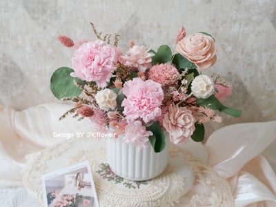 母親節花禮【不凋康乃馨桌花】中大型圓盆永生花盆花1