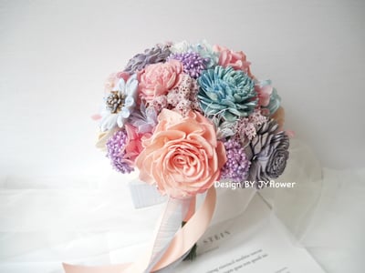 圓形乾燥花捧花【霧粉藍紫】2