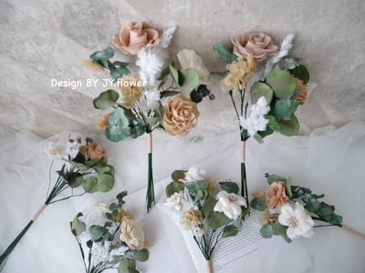 自然型手綁不凋花分束捧花【柔霧茶棕】-多葉款2