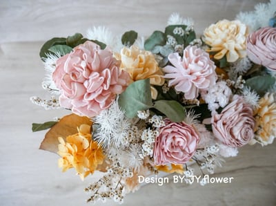 大型長盆乾燥花盆花【柔黃杏粉】3