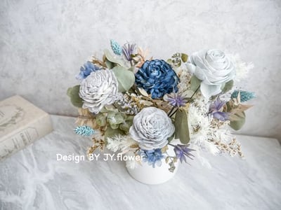 中大型圓盆乾燥花盆花【魅力紳藍】2