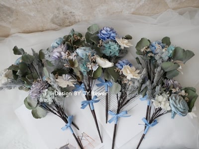 自然型手綁乾燥花分束捧花【清爽水藍】2