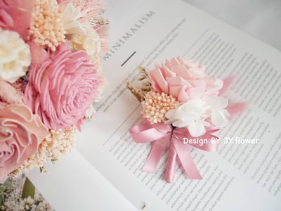 圓形乾燥花捧花【純白粉戀】4