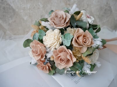 自然型手綁不凋花分束捧花【柔霧茶棕】-多葉款4