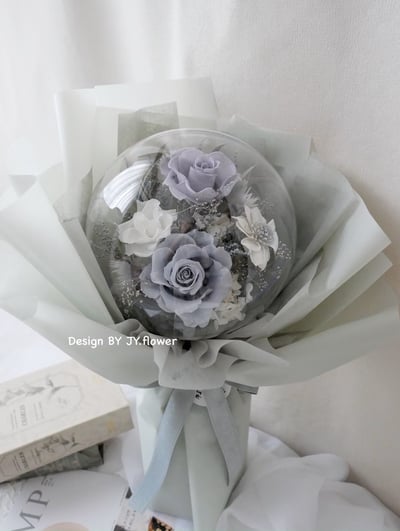 波波球大款豐盛版永生玫瑰花束【煙白霧灰】1