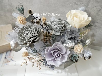 中大型圓盆永生乾燥盆花【霧感冷灰】2