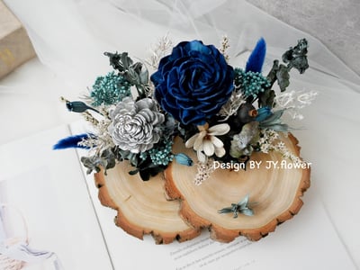 雙層木片乾燥花名片座【藍調】2