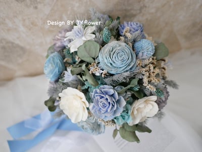 自然型手綁乾燥花分束捧花【清爽水藍】4