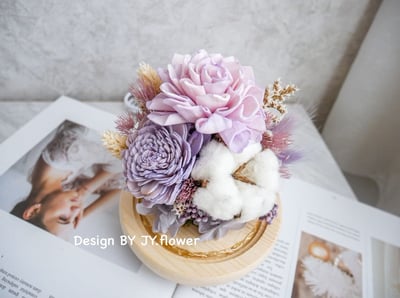 乾燥花水晶球玻璃罩夜燈【藕紫幻白】4